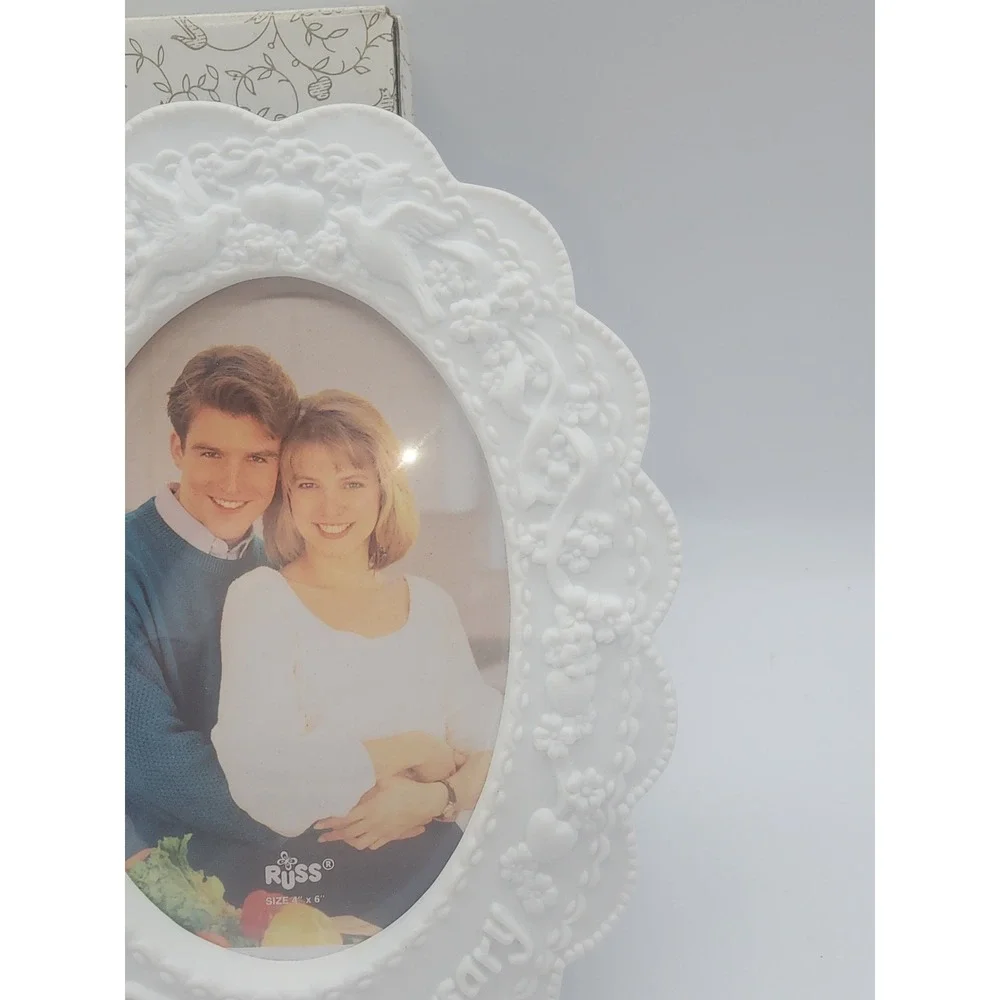Russ Berrie Our First Anniversary White Ceramic Oval Picture Frame 4x6 Vintage